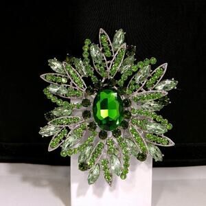 Extra Large Green Floral Rhinestone Brooch Silver Tone Statement Pin 4"